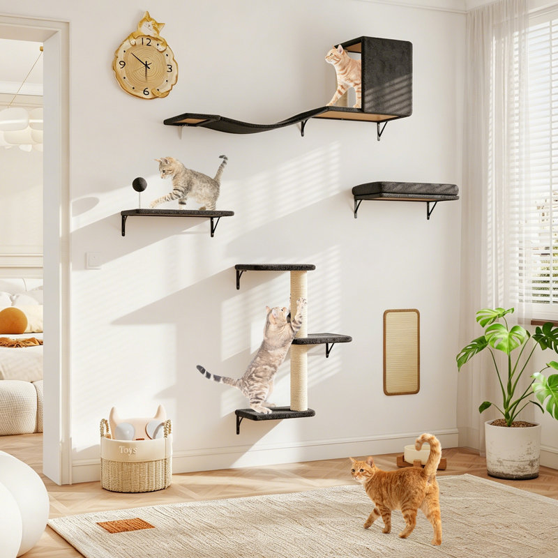 5-IN-1 Cat Wall Shelves Set, Wall Mounted Cat Furniture with Cat Tree & Scratching Post, Cat Climbing Wall Set Floating Cat Perches for Indoor Cats
