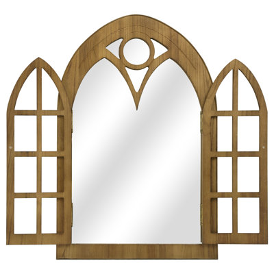 Vintage Arched Farmhouse Abstract Wall Mirror With Openable Shutters