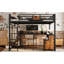 Lit mezzanine double en métal noir avec bureau intégré, rangements en tissu non tissé, structure robuste, échelles sécurisées dans les tiroirs, construction en acier pour un sommeil silencieux et facile à monter.