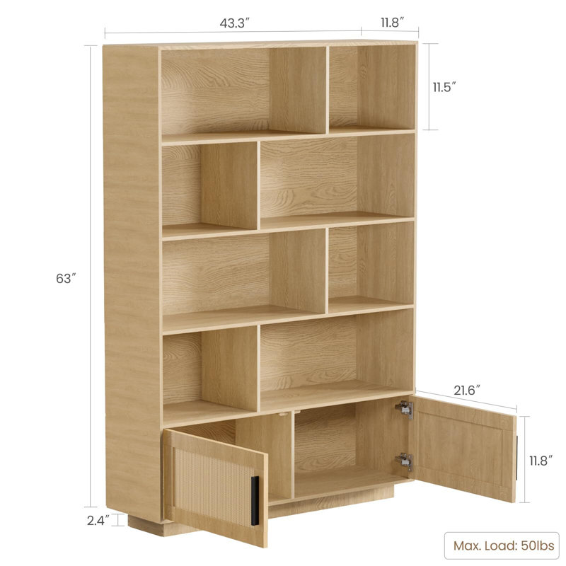 5 Tier Bookshelf, Boho Bookcase With Rattan Doors