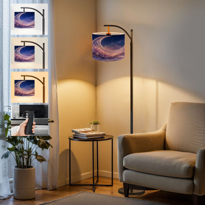  Arc Floor Lamp Snowy Landscape Purple Flowers Sparkling Crescent Moon Tall Modern Standing Lamp LED Adjustable Linen Lampshade 3 Color Temperatures