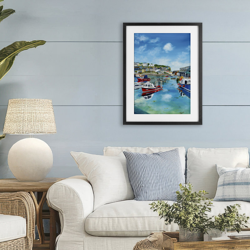 Mevagissey Harbor Reflections, reproduction d'art sous verre, conception de Georgie Harrison, Cadre noir minuit
