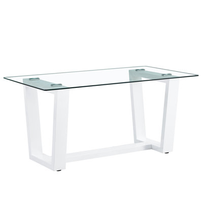 Table de salle à manger rectangulaire en verre avec verre trempé de 0,4 po, support blanc, pour les réunions de famille élégantes 6-8