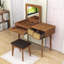 Ensemble de coiffeuse en bois avec trois tiroirs, tabouret rembourré et miroir-1757871628