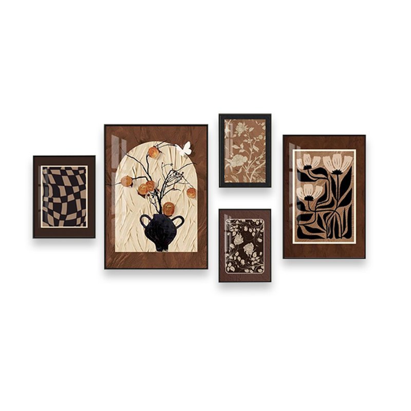 Art mural rétro brun à motif floral de cinq pièces pour le salon, H 27,56 po x l 19,69 po