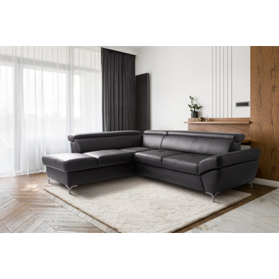 CAPRI Genuine Leather Corner Sofa with Pull-Out Bed and Storage and Adjustable Headrests
