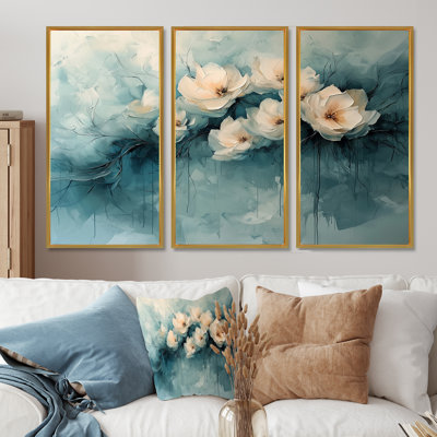 Hiver bleu aquarelle pivoines élégance II - pivoines, art mural - 3 panneaux