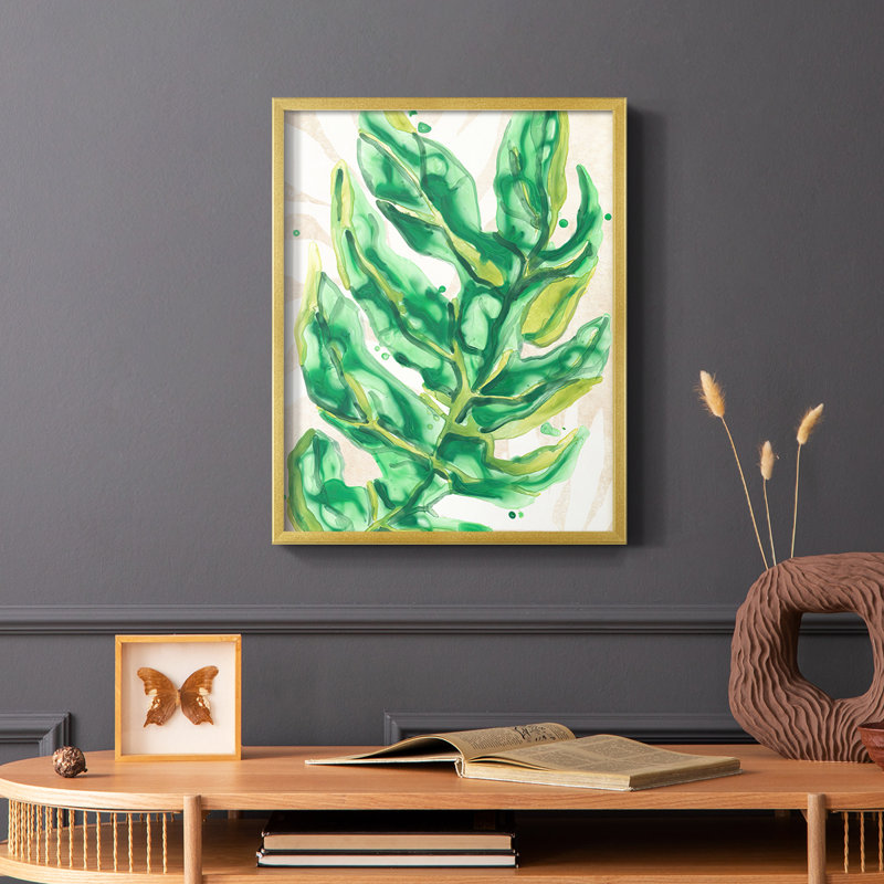 Toile tendue avec châssis Parchment Palms III - prête à être accrochée, Cadre doré simple, H 10 po x l 8 po