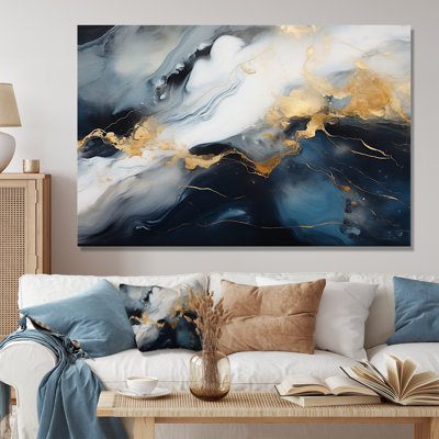 Encre de marbre abstraite dorée et bleue I - décoration murale en marbre