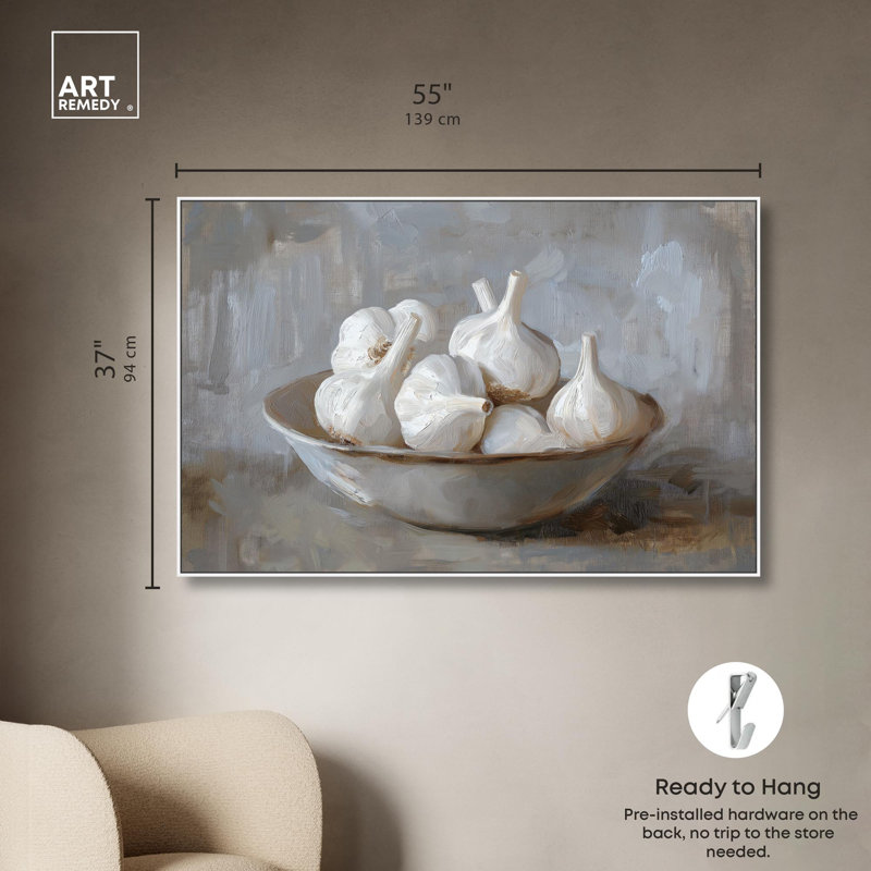 Art sur toile de ferme à l'ail, H 37 po x l 55 po, Cadre flottant blanc