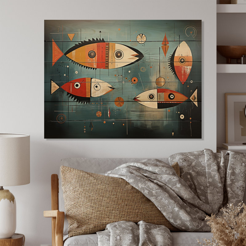 «Minimalisme», collages de poissons I sur bois, H 30 po x l 40 po x P 0,78 po