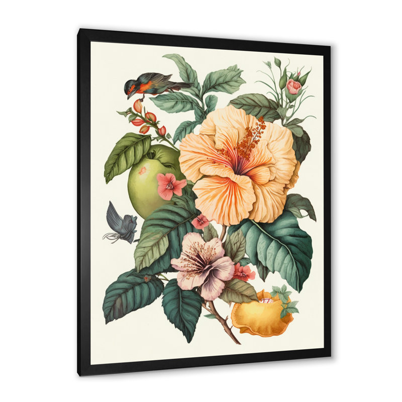 «Blossiming Yellow Retro Hibiscus IV - Floral Hibiscus, art mural sur toile, Cadre photo noir, H 20 po x l 12 po x P 1 po