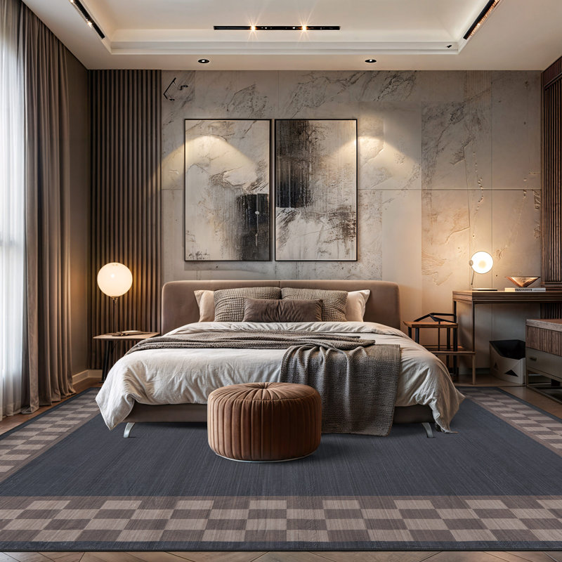 Tapis à bordure à carreaux gris ardoise, lavable à la machine, en polyester avec envers antidérapant, 9 pi x 12 pi