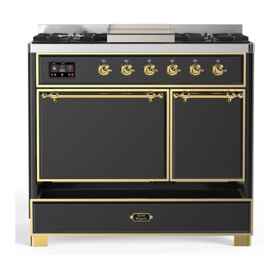 Cuisinière à double combustible de 40 pouces avec 6 brûleurs scellés et plaque chauffante en graphite mat Majestic III Series (propane liquide, garniture en laiton)