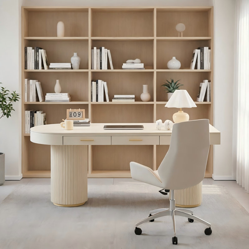 Bureau crème à demi-cercle droit, 3 tiroirs, Retour à gauche, H 29,53 po x l 62,99 po x P 27,56 po