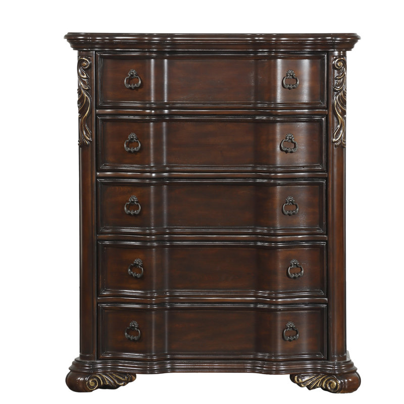 Montoya Traditional 44.25" Dark Cherry 5-Drawer Chest with Serpentine Front and Carved Scrollwork