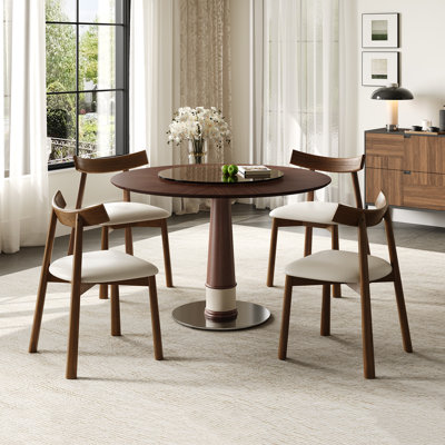 Ensemble de table de salle à manger en bois massif de 47 pouces avec 4 chaises, table ronde avec plateau tournant en verre trempé de 23 pouces et base en acier inoxydable, ensemble de table de cuisine rétro pour bureau de restaurant à domicile
