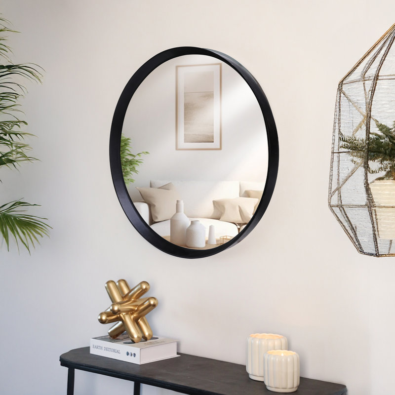 Miroir mural rond en bois pour salle de bain, Noir, 23,6 po x 23,6 po