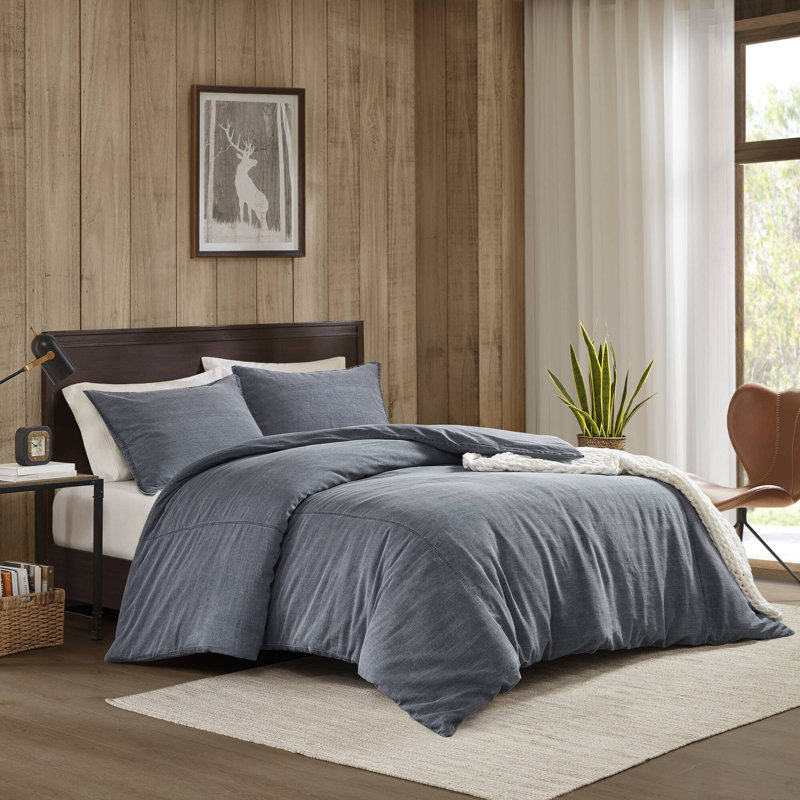 Ensemble de housse de couette en coton sergé Mckenzie, Bleu, Housse de couette double et 2 taies décoratives s