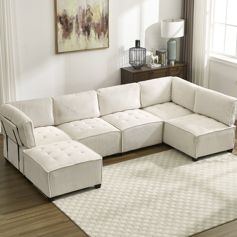 Canapé modulaire en forme de U à 6 places avec velours côtelé beige lisse pour sièges confortables convertibles en Scratch