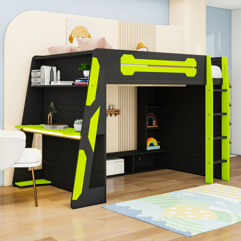Lit mezzanine double en bois avec bande lumineuse, bureau intégré et tablettes, Noir/vert
