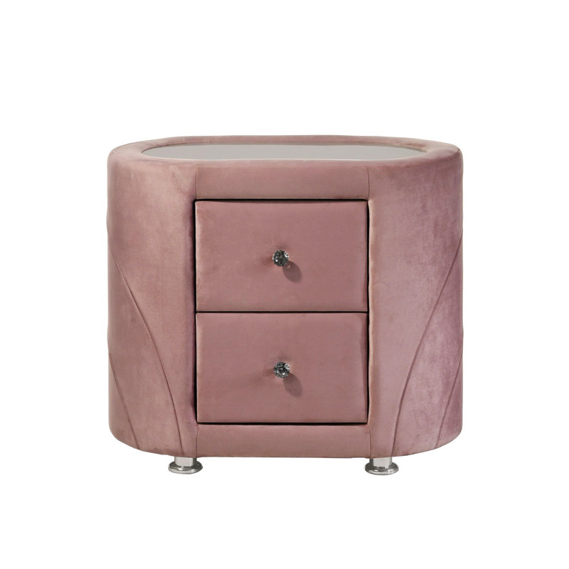 1pièce table de chevet en velours rose rembourrée avec deux tiroirs et pieds en métal chromé