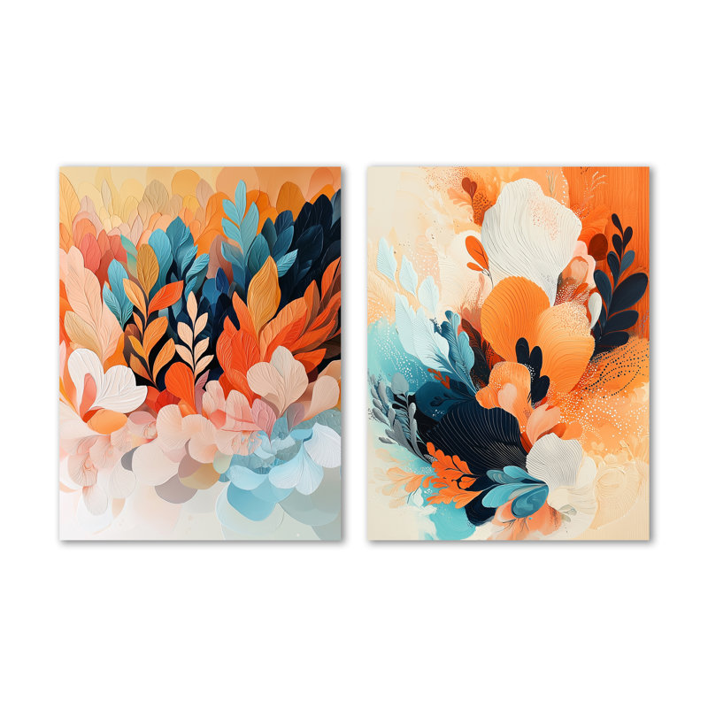 «Botanical Orange Palm Dream Fragments I», ensemble de 2 reproductions d'art murales modernes en métal, 32" H x 48" W