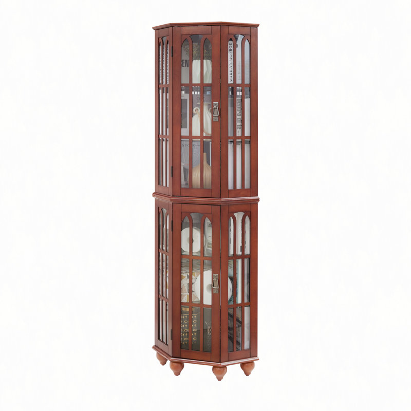 Corner Curio Cabinet With 4 Adjustable Tempered Glass Shelves And Lighting System, Solid Wood Legs,Acrylic Mirrored Back Panel(E26 Light Bulb Not Included)