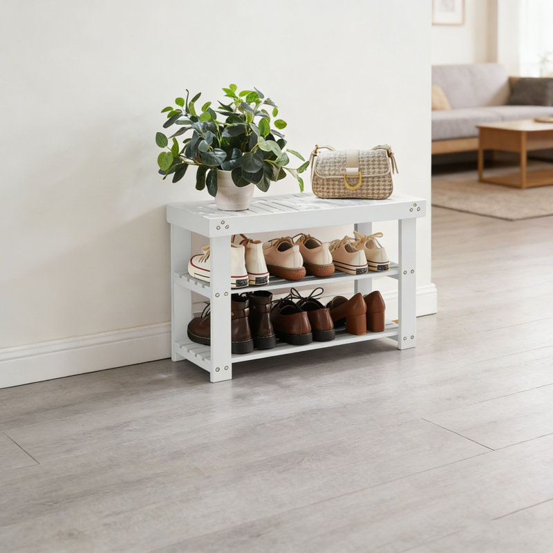 Banc à chaussures en bambou avec rangement à 3 niveaux, Blanc