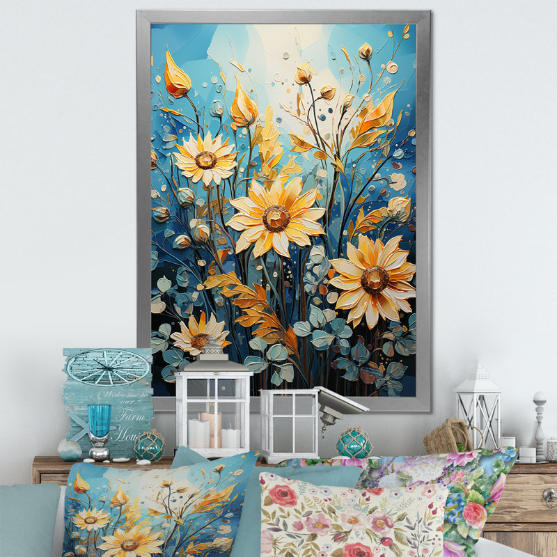 «Expressionist Energy Sunflowers I» sur toile, Cadre photo argenté, H 32 po x l 16 po x P 1 po