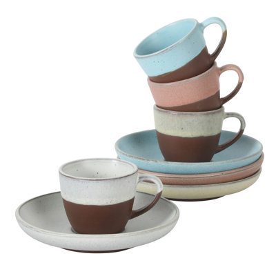 Gibson Elite William Crest 8 Piece Cup & Saucer Set, 4 Stoneware Cups & 4 Saucers, Reactive Glaze Finish, 3.5oz Espresso Cups, 5.5” Saucers, Round Coffee Set, Microwave & Dishwasher Safe - Assorted Colors