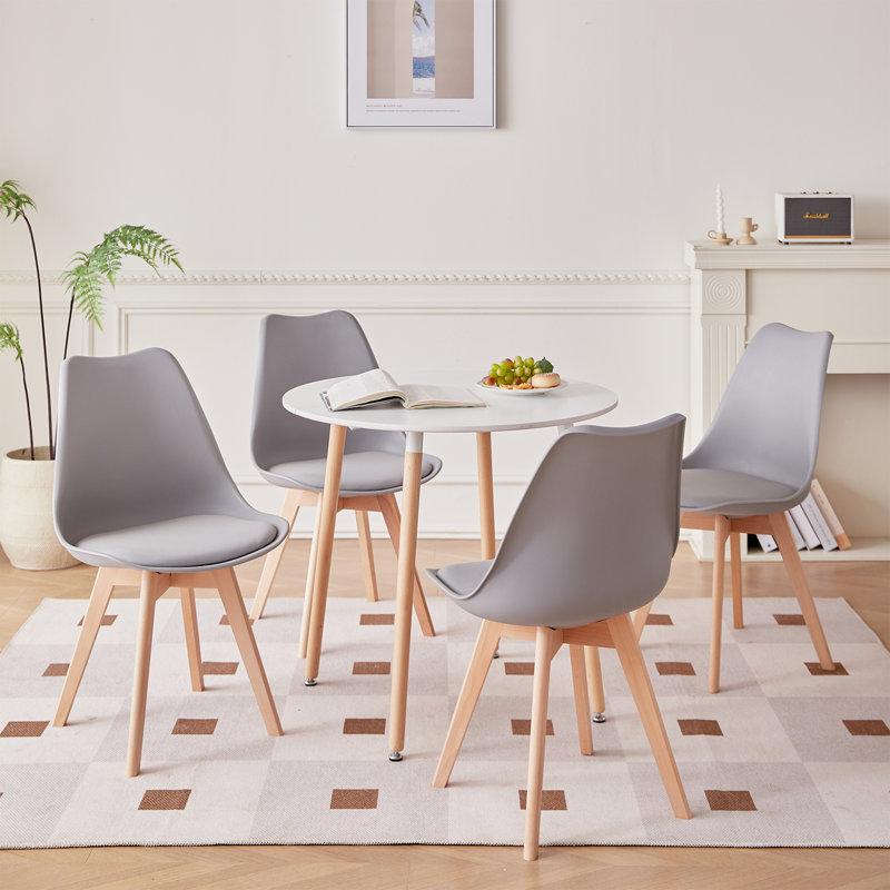 4 - Person Dining Set - Modern Round Kitchen & Dining Table Set With 4 Upholstered Chairs - Natural Wood Legs, Grey