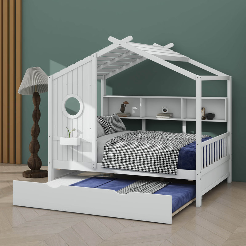Lit en bois de conception moderne avec lit gigogne et tablette de rangement, Blanc, Double