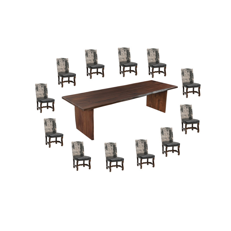 13-Piece Live Edge Solid Wood Dining Set, Brown, Gray/Black