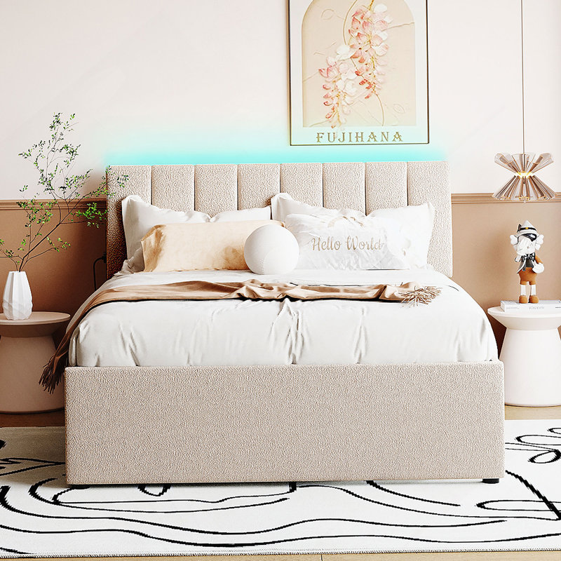 Lit plateforme tapissier Teddy, Beige, Double