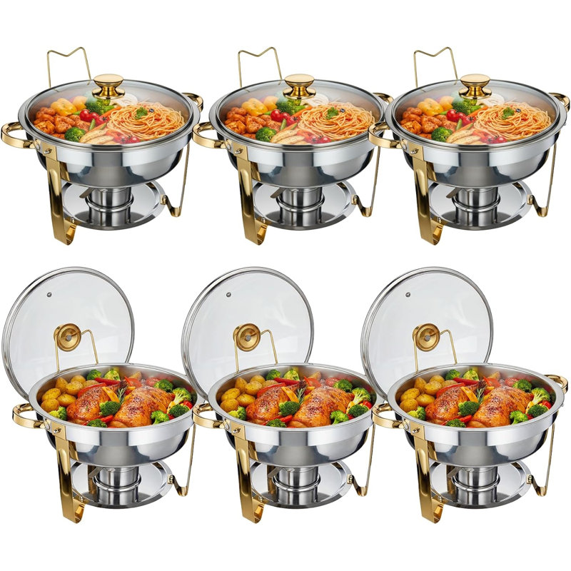 Ensemble de 6 réchauds 5QT pour buffet, ensemble de réchaud rond en acier inoxydable avec couvercles en verre, ensembles de chauffe-plats pour la restauration