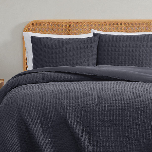 Textured Waffle Weave Comforter Set, Queen Comforter +2 Standard Shams, Charcoal Gray