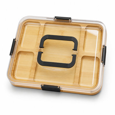 Planche à charcuterie avec couvercle transparent, plateau de service portatif en bambou avec poignées, 5 compartiments, planche à découper de fromage de voyage pour pique-nique, cadeau de pendaison de crémaillère