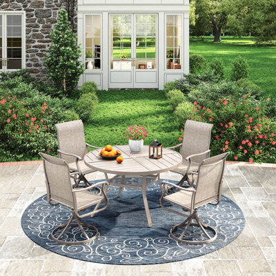 Outdoor Patio Dining Set - 41.7” Round Table with Umbrella Hole & Storage Shelf + 4 Swivel Chairs