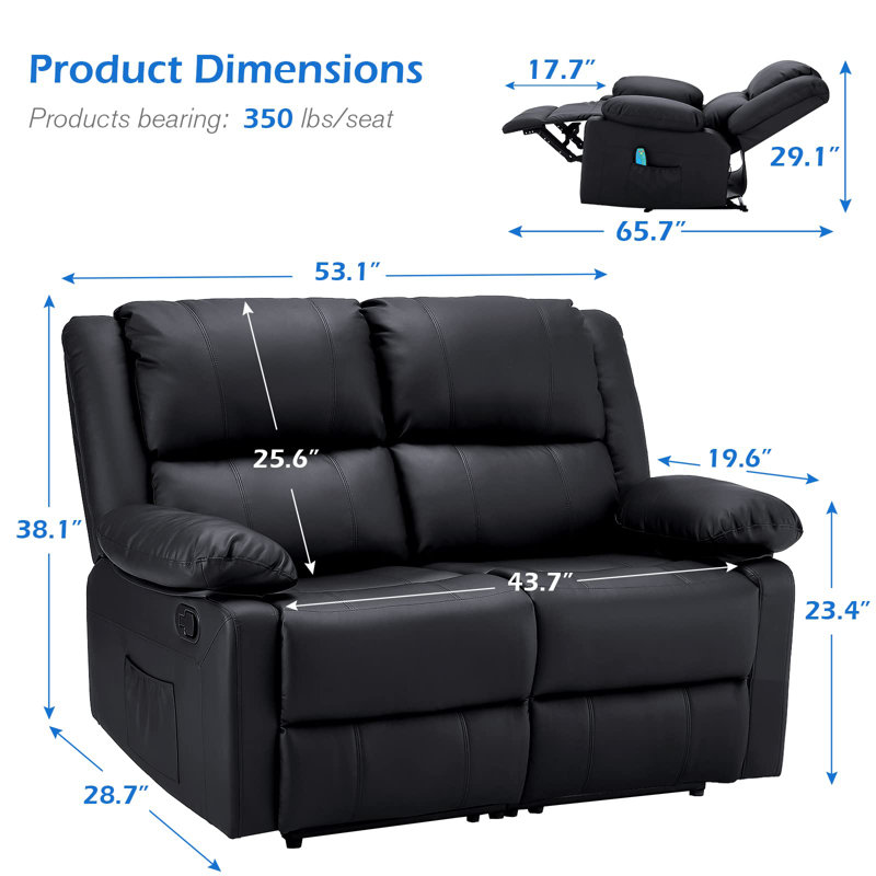 53.1'' Faux Leather Reclining Loveseat with Massage&Heat Function, Black