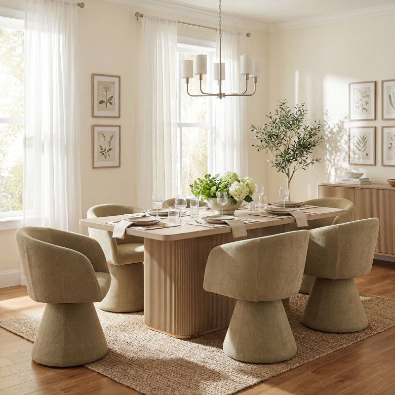 Swainswick 7-Piece Dining Table Set With 180° Swivel Chairs & Wooden Tabletop, Light Ash, Moss Green
