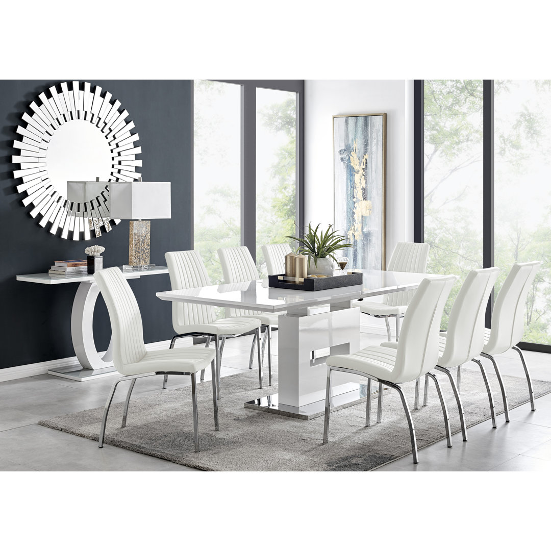 Areza High Gloss Extendable Dining Table Set with 8 Luxury Faux Leather Dining Chairs East Urban Home Chair 
