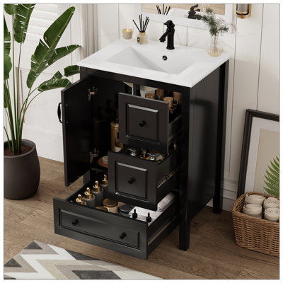 Meuble-lavabo de style rétro avec lavabo, tiroirs à fermeture en douceur et poignées en métal rétro pour un rangement élégant