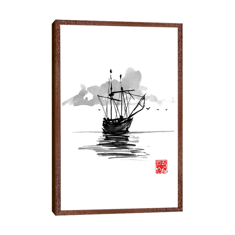 Boat by Péchane - Painting on Canvas, 66.04 cm H x 45.72 cm W, Classic Brown Wood Framed