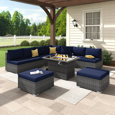 Ensemble de conversation modulaire d'extérieur en osier 10 pièces avec table de foyer au propane et coussins 43 "Bromelia