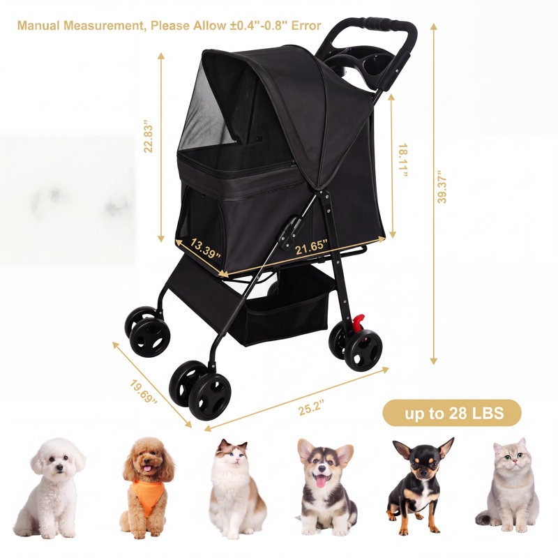 Poussette pliable pour animaux de compagnie pour petits chiens et chats, Black