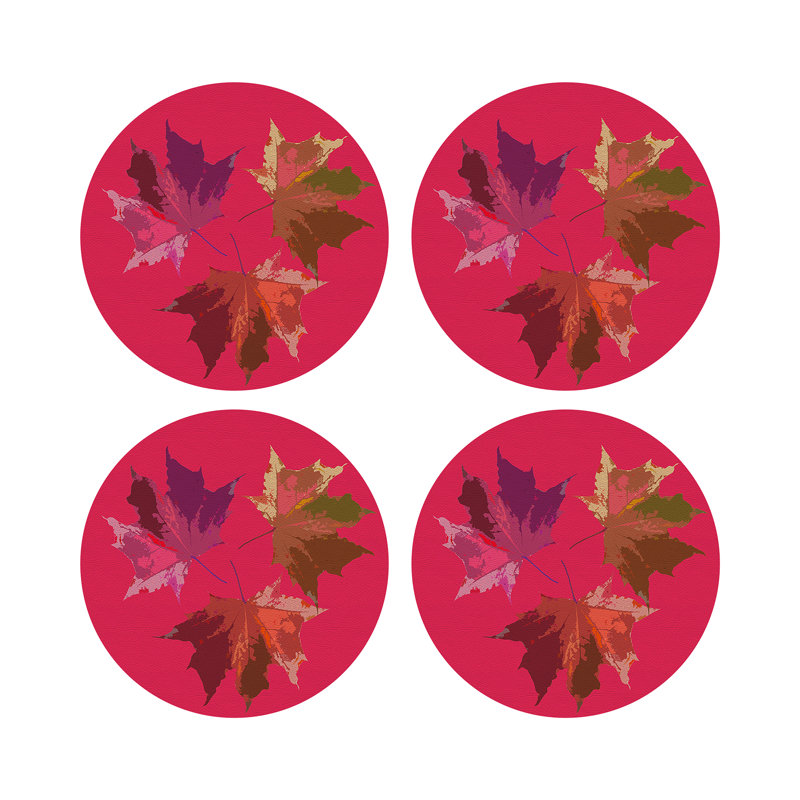 Autumn Leaves Rust Vegan Leather Round Coasters, Plum