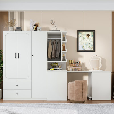 Armoire multifonctionnelle à 2 portes avec garde-robe, placard en bois avec bureau convertible et tiroirs de rangement, nombreux espaces de rangement, pour chambre, dressing, buanderie, blanc