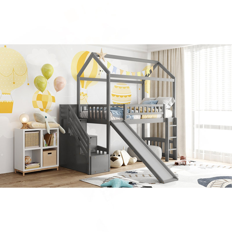 Lit mezzanine simple avec deux tiroirs et glissade, lit maison avec glissade, Gris