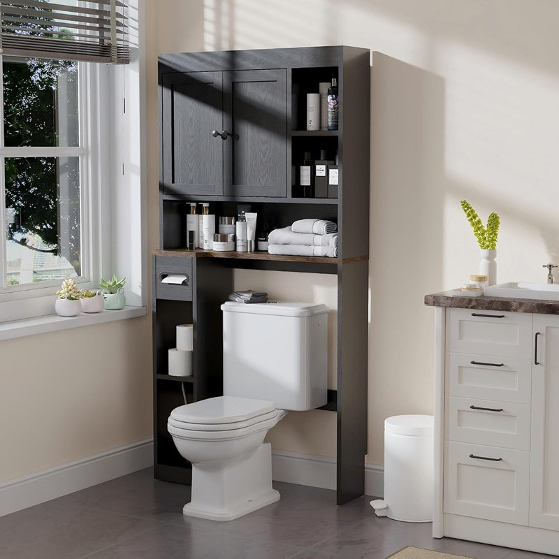 Meuble de rangement à placer au-dessus des toilettes, avec 7 tablettes, étagère réglable, portes, porte-papier hygiénique, fini noyer, noir